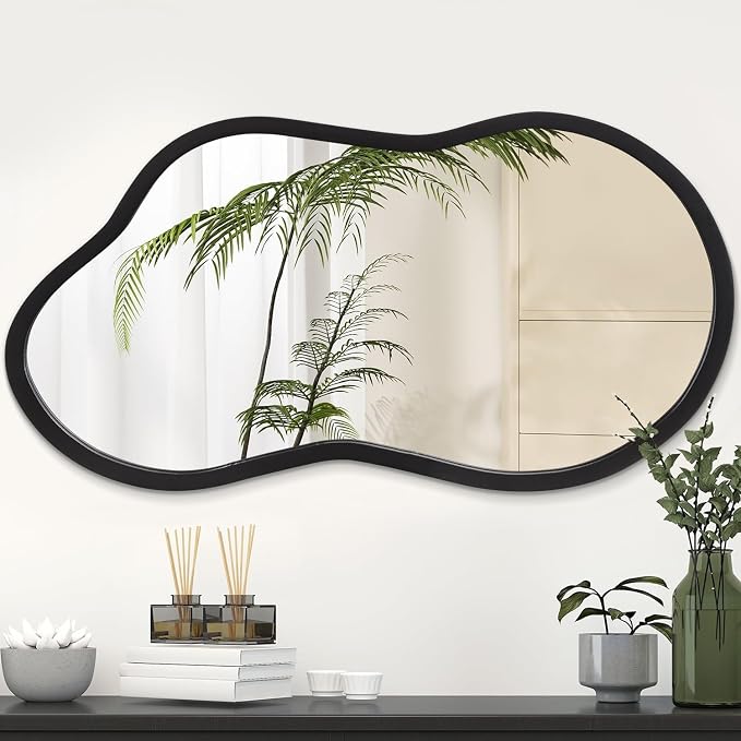 AAZZKANG Large Irregular Wall Mirror 26"x16" Black Asymmetrical Mirrors Modern Wood Frame for Bathroom Bedroom Living Room Entryway