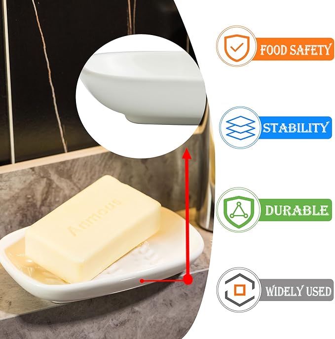 Soap Dish Soap Holder Shower, Ceramic Soap Dishes for Bar Soap Sponge, Shower Soap Dish Soap Saver Tray for Bathroom Kitchen Sink, Easy to Clean, White (Pack of 2)