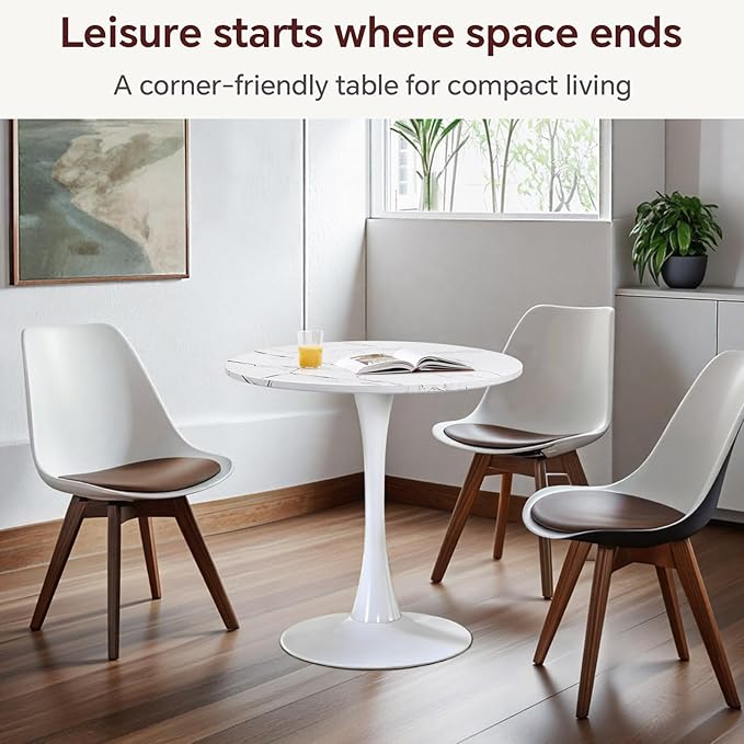 Round Dining Table 27.5" Faux Marble White Tulip Table with Pedestal Base for 2-4 People Small Space - Kitchen Living Room Cafe