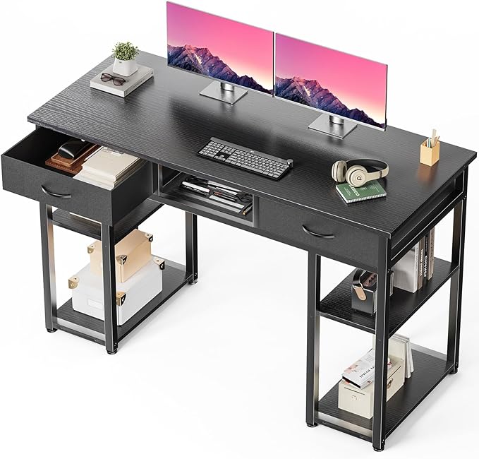 DUMOS 48" Small Computer Home Office Desk for Bedroom with Drawers, Gaming Writing Study Table with Storage Shelf, Adjustable Feet, Compact Desk for Gaming and Home Office Use, Metal Frame Black