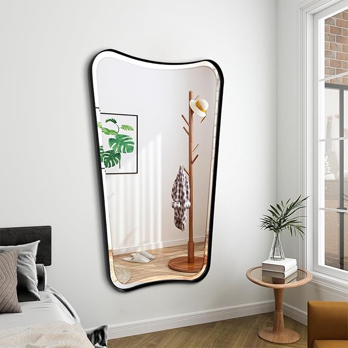 POZINO Matte Black Beveled Mirror, 24"x40" Bathroom Vanity Mirrors for Over Sink, Irregular Shaped Mirrors Decorative, Modern Rectangle Wall Mirror for Living Room Bedroom Fireplace Entryway
