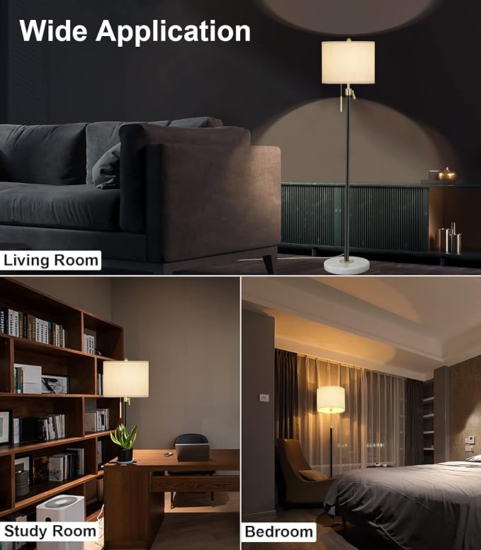 Qingmiao Floor Lamp for Living Room Adjustable Tall Standing Lamp, 3-Way Dimmable Floor Lamp for Bedroom Office, Black Gold Lamp with Marble Base and White Linen Shade