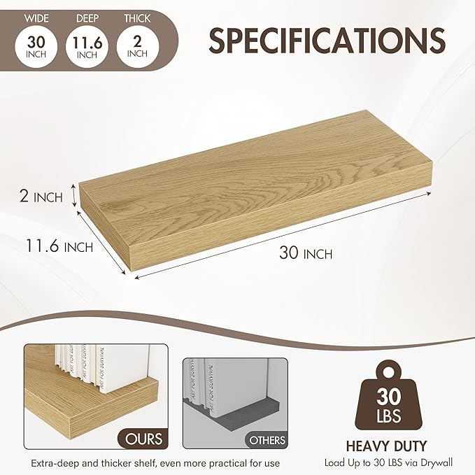 30 Inch Floating Shelves, 12" Deep Floating Shelf Wall Mounted, 30" Wall Shelves, Rustic Deep Bookshelf, Extra Deeper & Thicker Display Shelves for Bedroom, Living Room, Oak, Set of 2