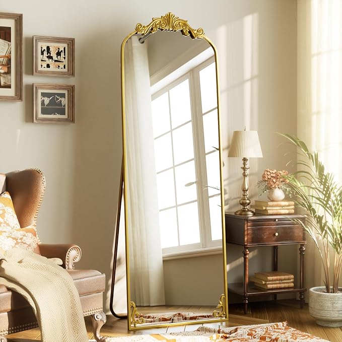 HARRITPURE Vintage Floor Mirror - 64"x 21" Large Baroque Carved Arched Full Length Mirrors with Metal Frame for Bedroom/Living Room/Entryway Retro Home Decor,Gold