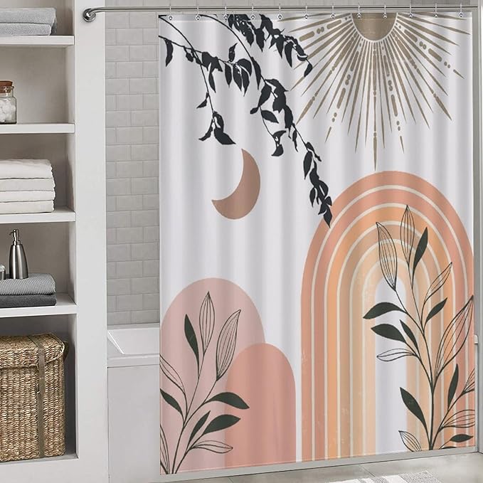 Mid Century Abstract Boho Shower Curtains Geometric Leaf Sun Modern Cafe Waterproof Shower Curtains for Bathroom Decor 12 Pack Hooks 66x72in（168x183cm）
