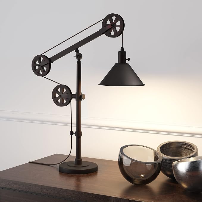 Henn&Hart 29" Mid-Century Modern Pully System 1-Light Table Lamp with 8" Black Metal Cone Shade for Living Room, Bedroom, or Office, Black