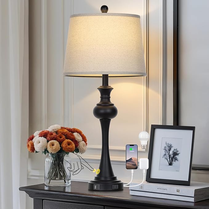 28.75" Black Modern Table Lamps for Living Room, Bedside Lamp with USB A+C Ports & AC Outlets, 3 Way Dimmable Touch Lamps for Living Room,Nightstand Lamp LED Bulb Included (1Pack