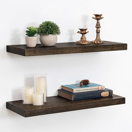 Extra Deep 24" Long Rustic Solid Wood Floating Shelves for Wall, Wall Shelves with Invisible Bracket for Living Room Bathroom Bedroom Kitchen, Set of 2, Walnut