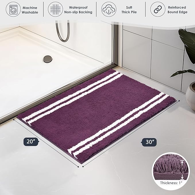 PURRUGS Bathroom Rug Non-Slip Machine Washable 20" x 30", Super Absorbent and Quick Dry Shaggy Microfiber Bath Mat, Extra Soft and Plush Bath Rug for Bathtub, Shower, and Sink, Purple