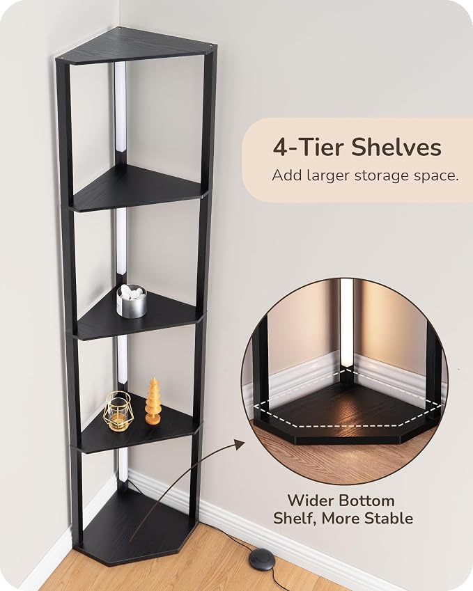 EDISHINE 64" Corner Display Shelf with Light, Modern Corner Floor Lamp with Shelves, 3CCT, Stepless Dimmable Standing Lamp for Living Room, Bedroom, Office, Dining Room, 3000K 4000K 5000K, Black