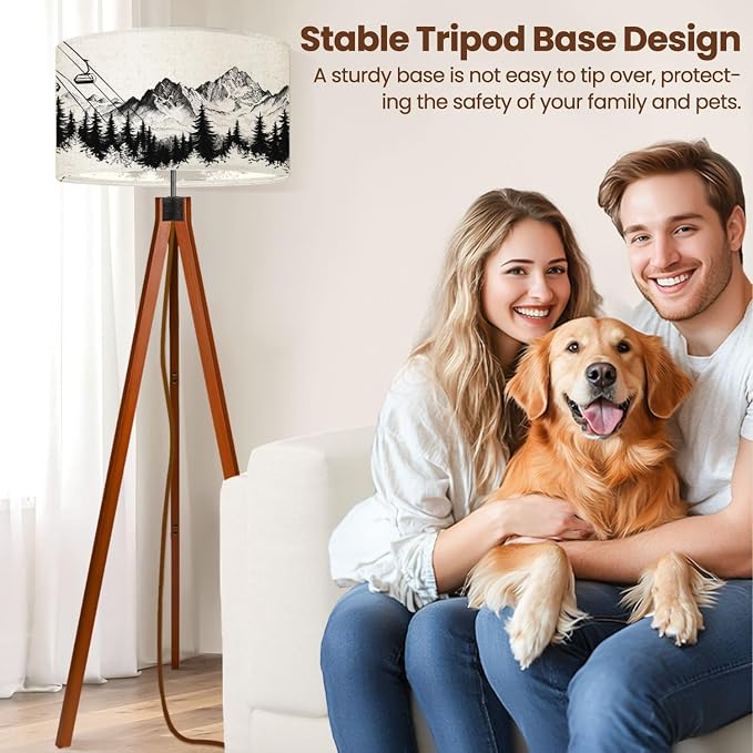 Wood Tripod Floor Lamp for Bedroom, Modern Mountain Ski Lift Sketch Pine Trees Peaks Forest Alpine Scenery Pen Reading Standing Lamp, Mid Century Night Light for Study Room Living Room Office