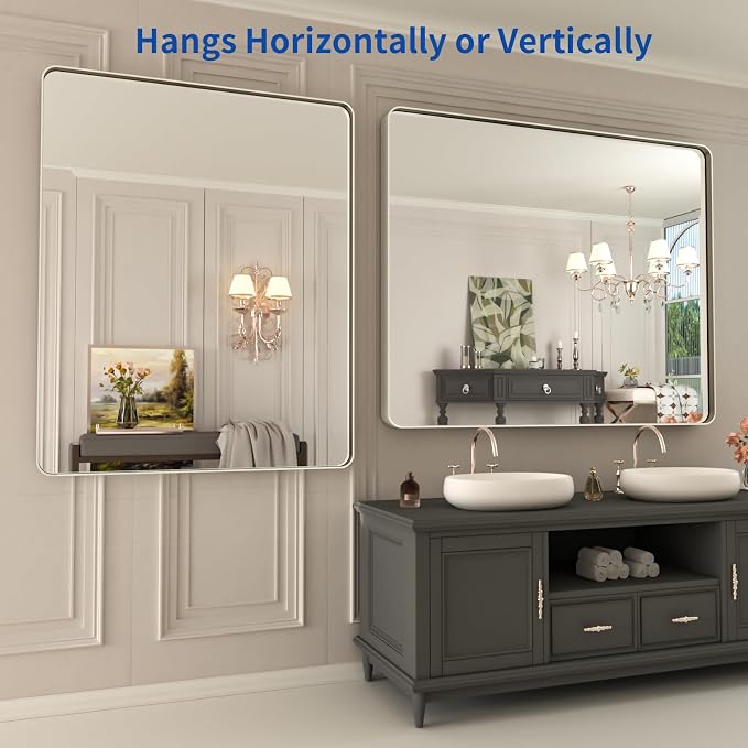 WEER 40X32 Inch Brushed Nickel Bathroom Mirror, Brushed Silver Metal Frame Mirror, Rounded Rectangle Silver Bathroom Vanity Mirror, Tempered Glass, Anti-Rust, Hangs Horizontally or Vertically