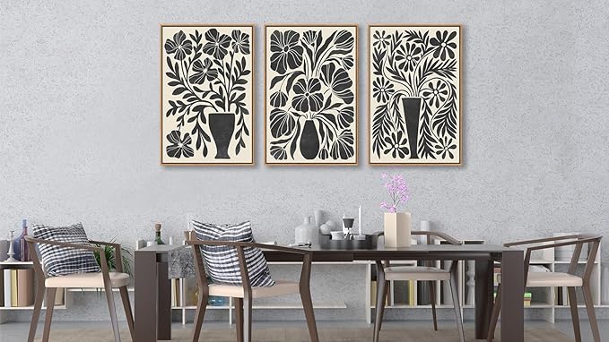 arteWOODS Botanical Framed Wall Art - Neutral Abstract Pictures Vintage Boho Floral Wall Decor Black Beige Minimalist Prints Aesthetic Vase Flowers Painting Artwork 24" x 36" Set of 3 Natural Framed