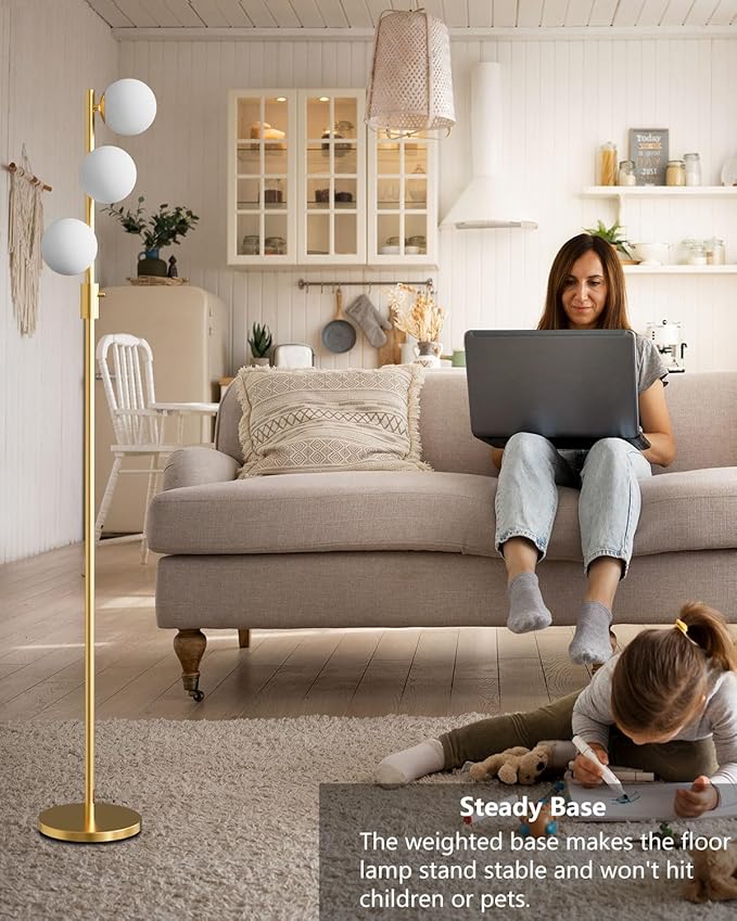 Lightdot 64IN Dimmable Globe Floor Lamp, Gold Standing Lamps with 3pcs 3000K G9 Bulbs Included Soft Warm White Eye Care, Mid Century Floor Lamp for Living Room/Sofa Beside/Corner Decor