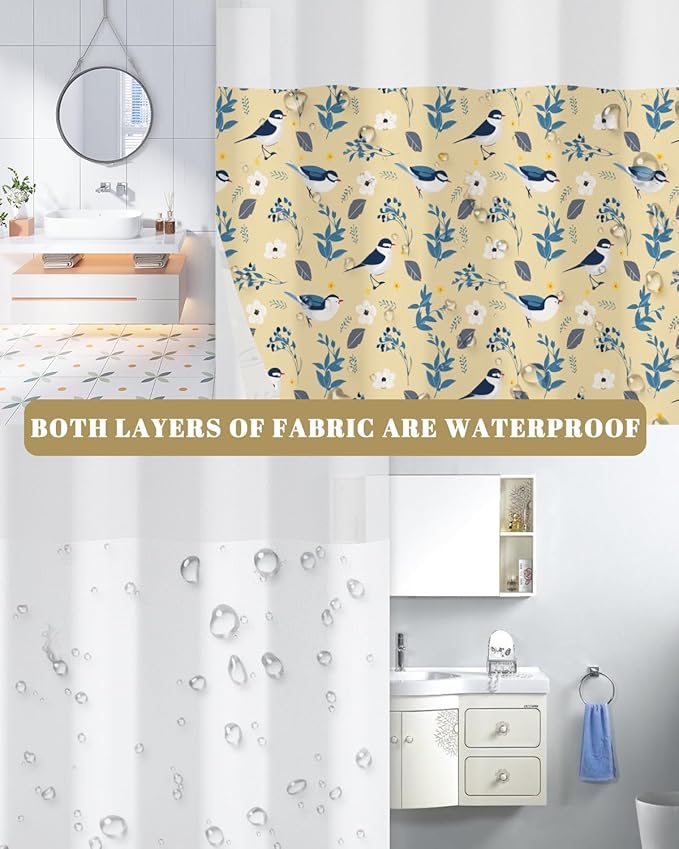 No Hook Shower Curtain and Liner Set, Bird and Floral Print in Yellow Fabric, Waterproof Bath Tub Curtain for Cottage, Farmhouse, Kids Bathroom Decor, See Through Top, 71 x 74 Inch