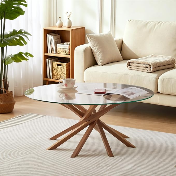 Round Glass Coffee Table-Mid Century Modern Circle Coffee Table with Unique Solid Wood Mortise Interlocking Starburst Legs Design for Living Room,Office,Hotel Lobby,Commercial Environments