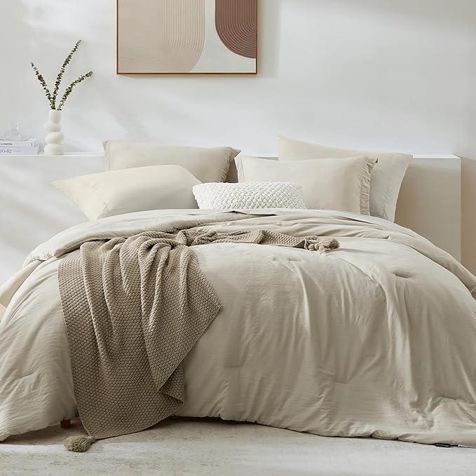 WRENSONGE Full Size Comforter Sets- 7 Pieces Soft Light Oatmeal Bed in a Bag with Fitted Sheet, Flat Sheet, 2 Pillow Shams, 2 Pillowcases, Warm Bedding Sets for All Season