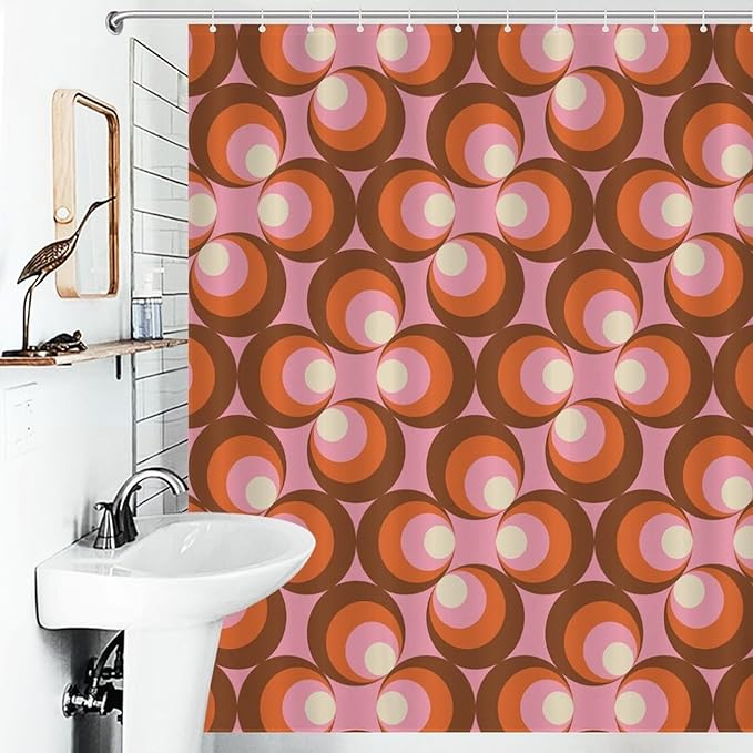 Mid Century Vintage Geometric Shower Curtains Modern Pink Rod Pocket Abstract Geometric Circular Shapes Washable Waterproof Fabric for Bathroom Decor Bathtub with 12 Hooks 55x72in（140x183cm）