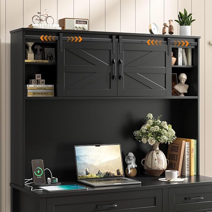 Vabches Farmhouse 67" H Executive Desk with Hutch,Office Table with LED Light and 6 Drawers,Computer Desk with Charging Station,File Drawers and Storage Cabinet,Workstation for Home Office.Black