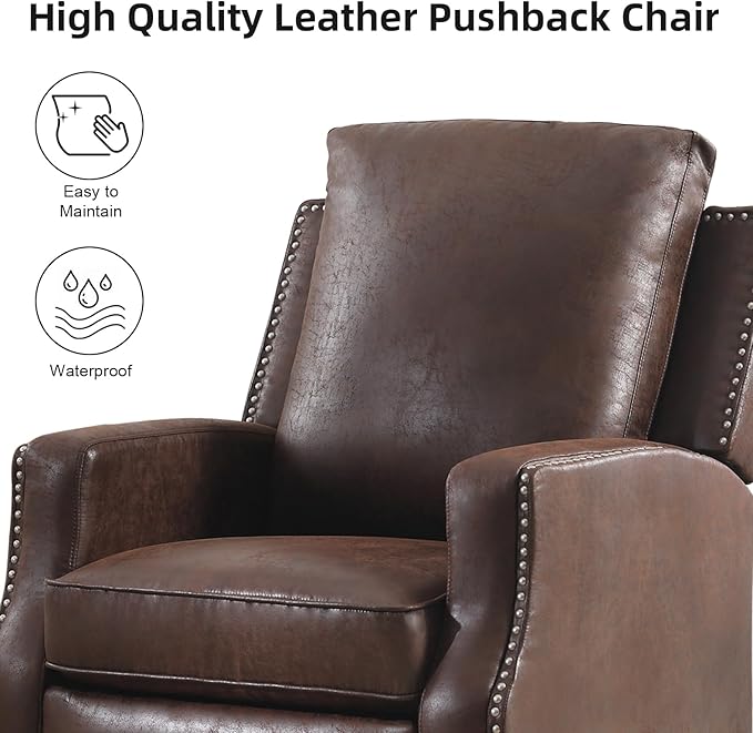 Push Back Recliner Chair Faux Leather Pushback Armchair with Rivet Decoration Wingback Single Sofa Chair with Padded Seat Solid Wood Legs for Living Room Set of 2, Reddish Brown
