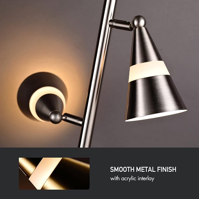 O’Bright Ash - 3-Light LED Tree Floor Lamp, Dimmable 3-Head LED, Multidirectional Standing lamp, Adjustable Multi-Shade, Swivel Cone Floor Lamp for Living Room, Bedroom, Brushed Nickel