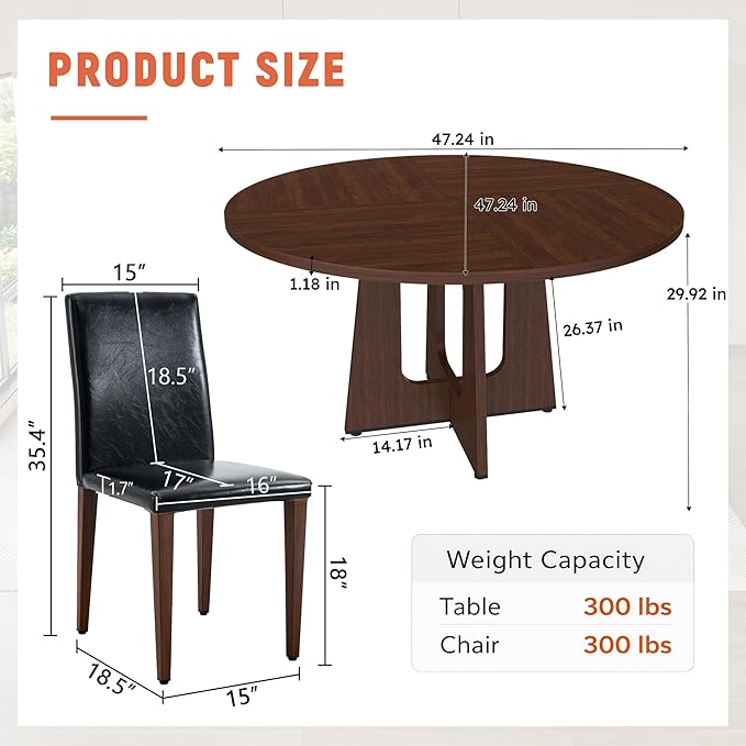 47" Round Dining Table Set for 4, Walnut Wood Grain Table and 4 Black PU Leather Upholstered Chairs Set, Mid Century Modern Kitchen Table Set with Cross Legs