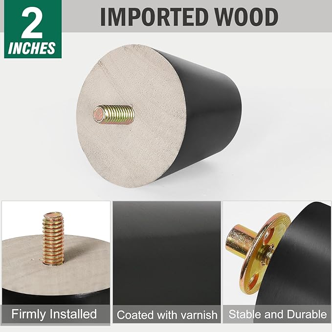 FoDau770 Black Rubber Wood Furniture Legs 2 Inches, Straight Tapered Wood Feet Mid Century Sofa Legs Set of 4, 5/16" UNC Furniture Feet for Cabinet Couch Dresser Chair Ottoman Table