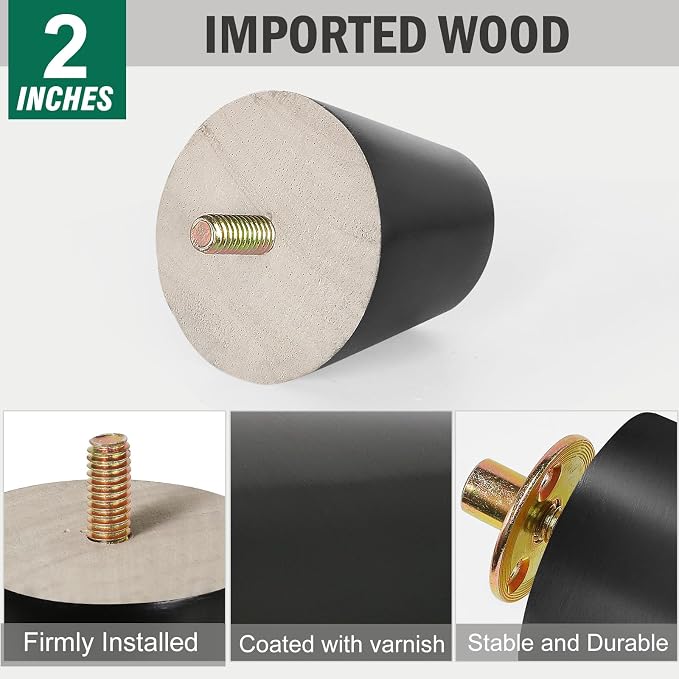 FoDau770 Black Rubber Wood Furniture Legs 2 Inches, 5/16" UNC Straight Tapered Wood Feet Mid Century Sofa Legs, Wooden Furniture Feet Replacement Parts for Cabinet Couch Dresser Chair Ottoman Table