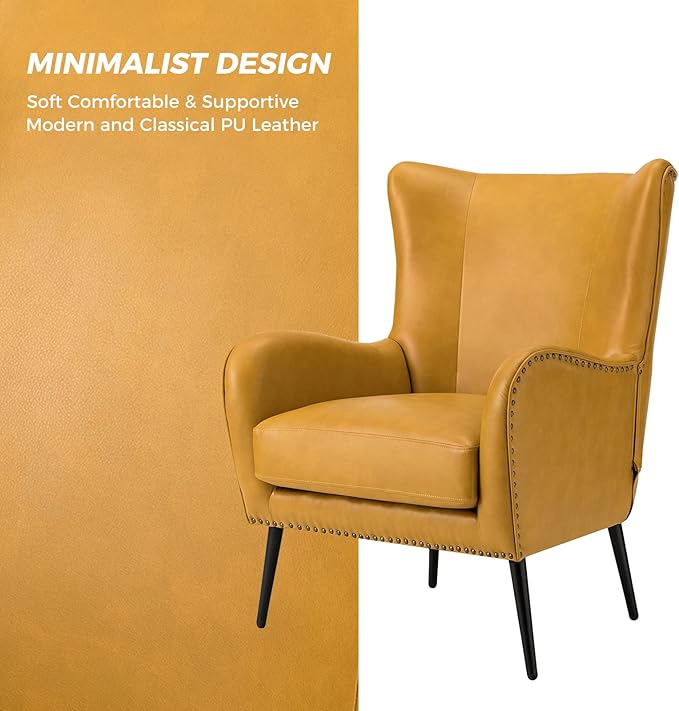 HULALA HOME Faux Leather Accent Chair with Removable Cushion, Comfy Upholstered Armchair with Black Metal Legs & Nailhead Trim Wingback Vanity Chair for Reading Living Room Bedroom, Yellow