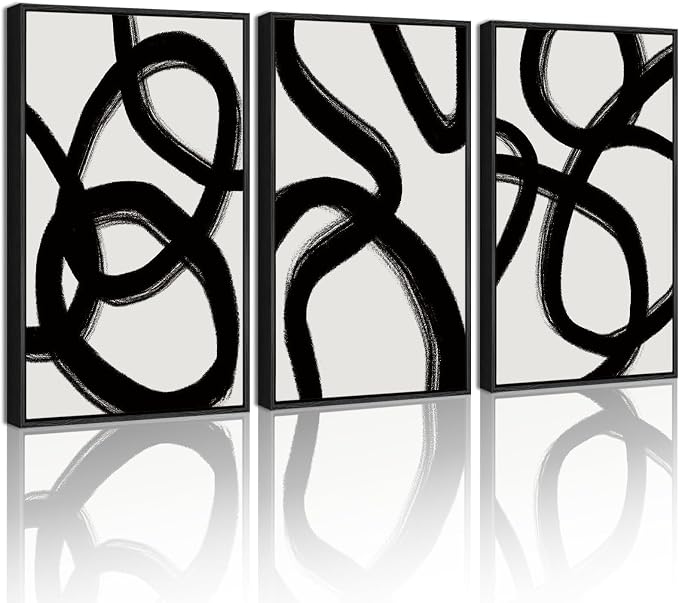 KUVIOKE Black and Gray Abstract Framed Wall Art Ink Wash Minimalist Lines Painting Artwork for Bedroom Hallway 16x24in (Black Framed)