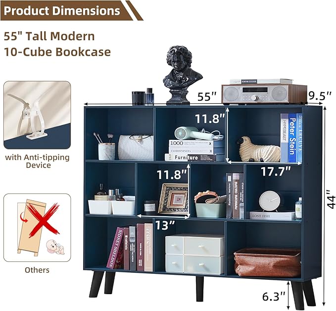 LEYAOYAO 10 Cube Bookshelf, 3 Tier Vintage 55" Wide Bookcase with Legs, Mid-Century Wood Bookshelves Storage, Dark Blue Large Book Case, Freestanding Organizer Display Shelf for Living Room, Office