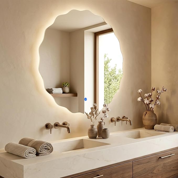 Round Led Bathroom Mirror- 32" Wavy Vanity Mirror with Lights IP54 Enhanced Anti-Fog,Single Piece 3 Colors Dimmable, Memory,Tempered Glass,UL Listed