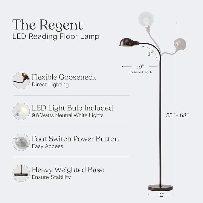 Brightech Regent LED Floor Lamp, Free Standing Corner Pole Light with Adjustable Gooseneck, Tall Bright Skinny Pharmacy Lamp for Office Desk, Living Room Sofa or Chair - Bronze