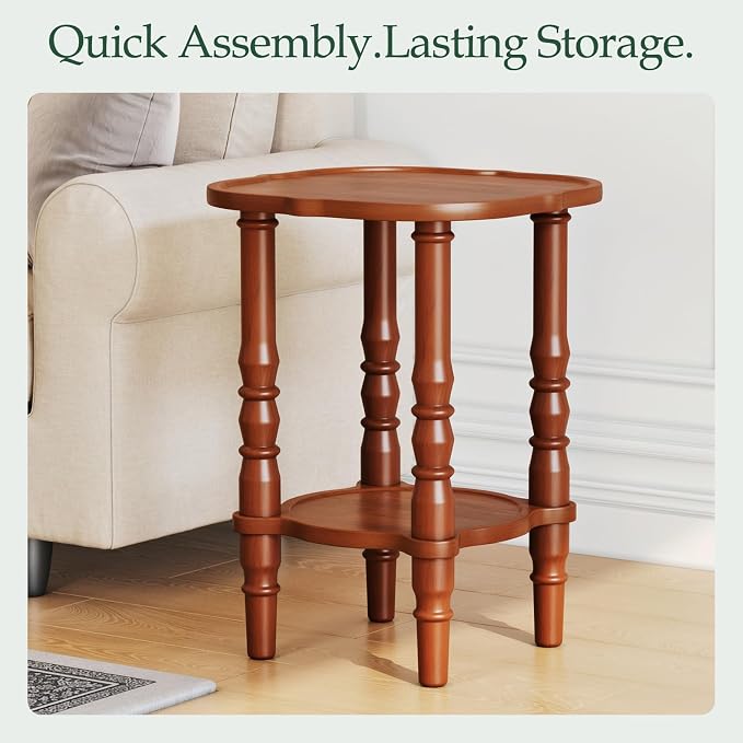 Solid Wood End Table Living Room - 21.7" H Small Narrow Square Wooden End Table for Small Spaces, Dark Real Brown Solid Wood Vintage Antique Side Bedside Table Nightstand with 2-Tier Storage