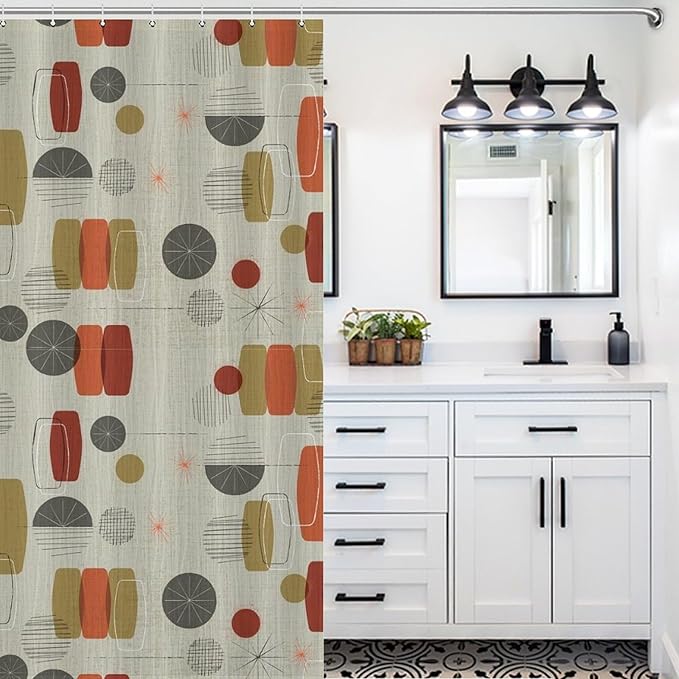 Mid Century Shower Curtain Modern Abstract Geometric Shapes Retro Texture Pattern Duty Fabric Shower Curtains Set Bathroom Polyester Waterproof with 12 Hooks,72x72Inch（183x183cm）