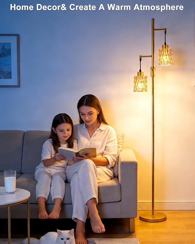 2-Light Glass Floor Lamp, 65IN Tall Standing Lamps Dimmable with Amber Glass Lampshade, 3000K Warmwhite Mid Century Modern Floor Lamp with 5Lbs Heavy Base for Living Room/Bedroom