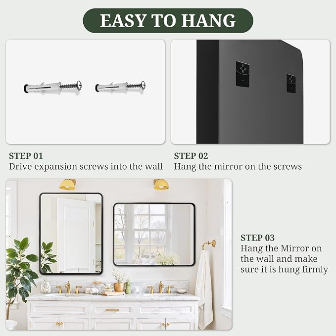 Bathroom Mirror 36x24 Inch Black Metal Frame Rectangle Vanity Mirror with Rounded Corners, Modern Wall Mounted Anti-Rust Mirror for Farmhouse, Restroom, Entryway, Horizontal or Vertical Hanging