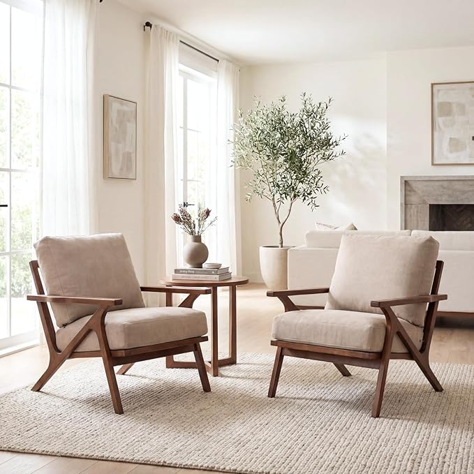 chairus Mid-Century Modern Accent Chair, Comfy Upholstered Lounge Armchair with Removable Cushions & Solid Wood Frame, Reading Chair for Living Room Bedroom Office, Beige Denim Fabric