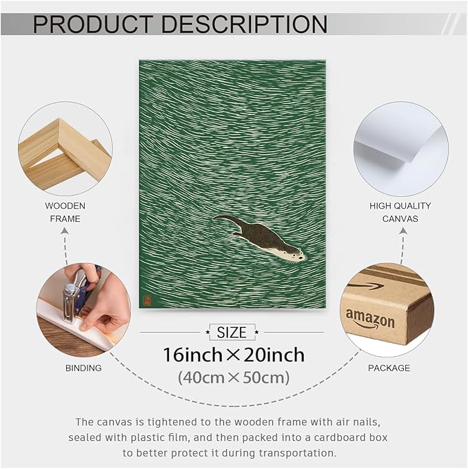 Wrapped Framed Japanese Otter Swimming Poster Funny Nature Wild Animal Pictures Retro Minimal Green Water Canvas Wall Art for Living Room Bedroom Bathroom 16x20 inch