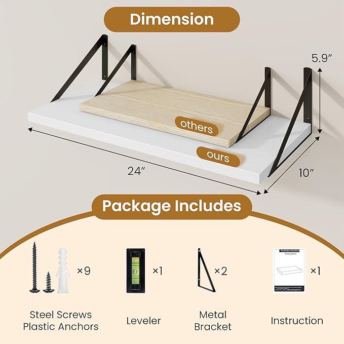 Deep Floating Shelves,24" Wx10 D Floating Shelf for Wall Set of 2,Hanging Storage Shelf with Metal Brackets,Wide Display Wall Shelves for Living Room,Bedroom,Bathroom,Kitchen,White