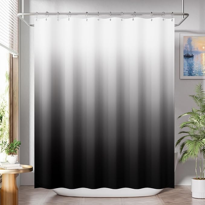 AmazerBath Shower Curtain, Ombre Black Fabric Shower Curtain Set with 12 Hooks, Farmhouse Cloth Black and White Shower Curtain, Washable Bathroom Shower Curtain Sets, 72x84 Inches