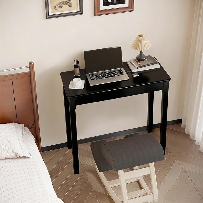 Solid Wood Desk with Drawers - 32 x 16 Inch Simple Narrow Desks, Rubber Wood Study Table, Small Writing Desk for Bedroom|Small Spaces - Modern Black Desks