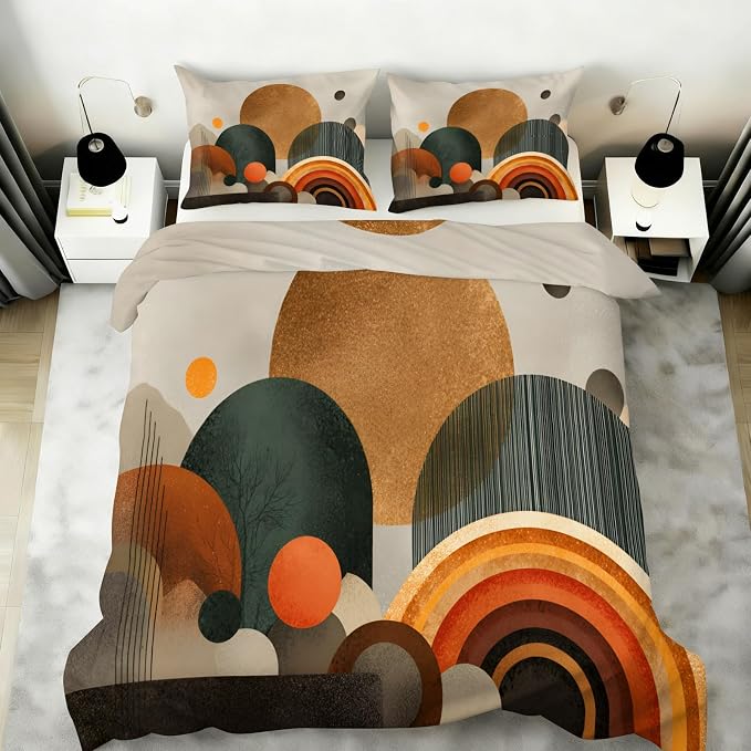 Mid Century Modern Duvet Cover Oversized King, Sun Boho Abstract Bedding Set 3 Piece, Minimalist Geometric Patterned Comforter Cover with Zipper Soft Microfiber, 2 Pillowcases