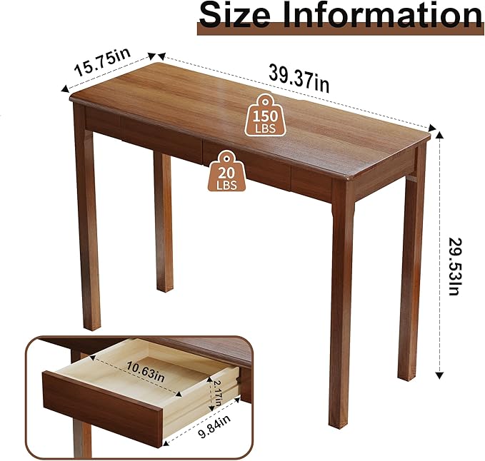 100% Solid Wood Desk with Drawers 39 x 16 Inch Narrow Mid Century Modern Desk, Small Vintage Writing Wooden Desks for Small Spaces Bedroom, Living Room, Office