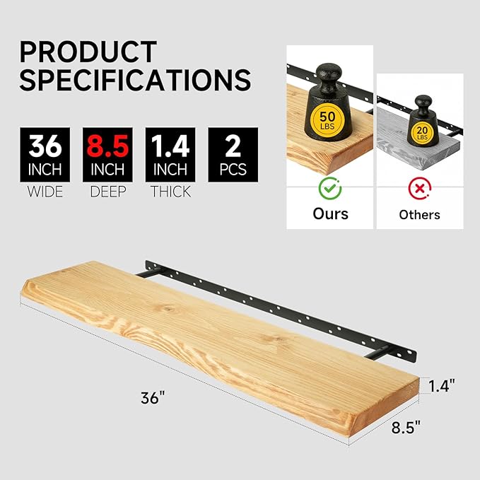 36 Inch Wooden Floating Shelves for Wall Set of 2, Finnish Spruce Solid Wood Shelf, Natural Wood Floating Shelves for Living Room, Bathroom, Bedroom, Kitchen, Natural Finish