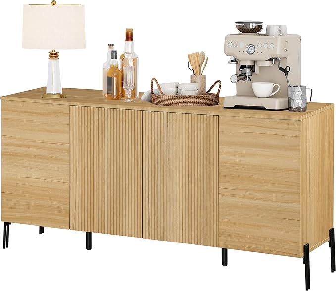 WAMPAT Fluted Buffet Cabinet with Storage, 61.5" Large Sideboard Cabinet with Storages, Modern Buffet Table Coffee Bar Wine Bar Storage Organizer with 4 Doors for Kitchen, Dining Room, Hallway, Oak