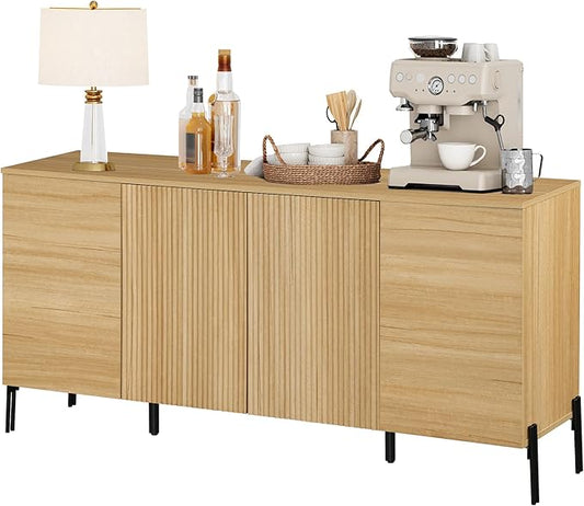 WAMPAT Fluted Buffet Cabinet with Storage, 61.5" Large Sideboard Cabinet with Storages, Modern Buffet Table Coffee Bar Wine Bar Storage Organizer with 4 Doors for Kitchen, Dining Room, Hallway, Oak