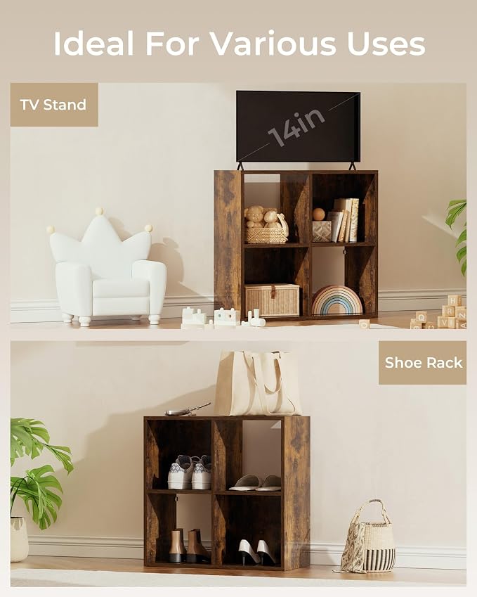GTPLAYER 4-Cube Storage Organizer, Fits 11" Bins, Vertical or Horizontal Use, Opening Bookshelf, Partial Back Panels, Stackable Design Bookcase, for Desk, Vanity, Entryway, Vintage Brown