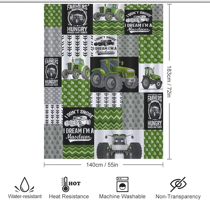 Tractor Shower Curtains Cartoon Farm Kids Tractor Boys Girls Truck Car Harvester Excavator Waterproof Shower Curtains for Bathroom Decor 12 Pack Hooks 55x72in（140x183cm）