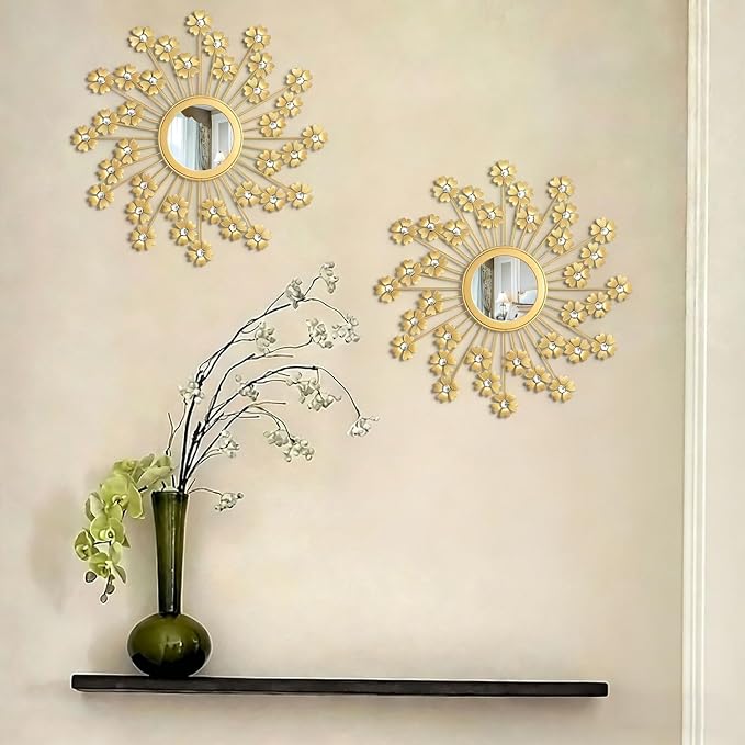 2 Pack Metal Mirrors for Wall Boho Sunburst Wall Mirror Home Decor Modern Decorative Wall Art for Bedroom Living Room Entryway